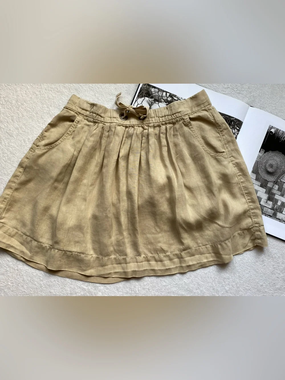 J.Crew Linen Vintage Mini Skirt Beige Size 8 Drawstring Elastic Waist A-Line
